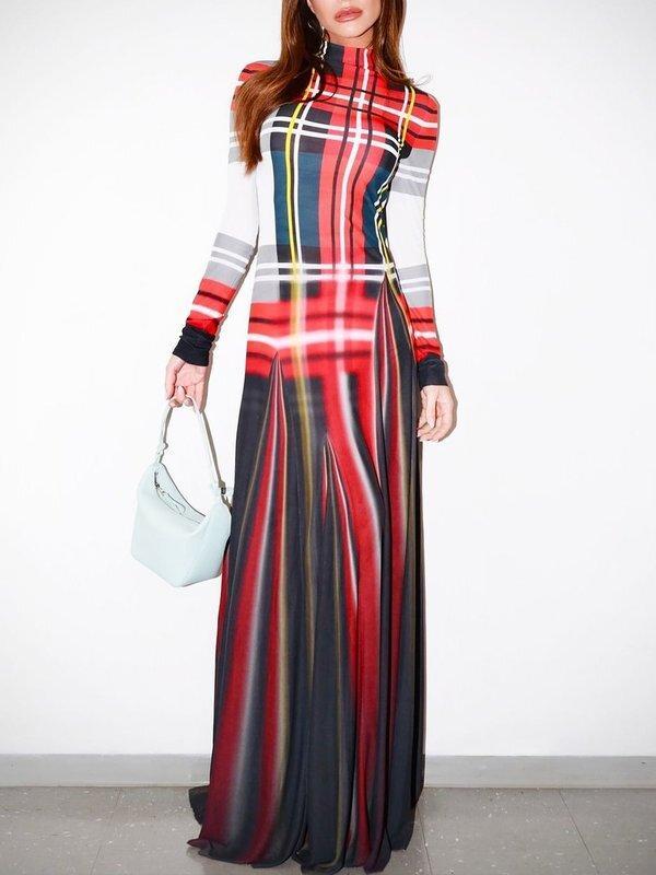 Long Sleeves Contrast Color Pleated Mock Neck Maxi Dresses Product Image