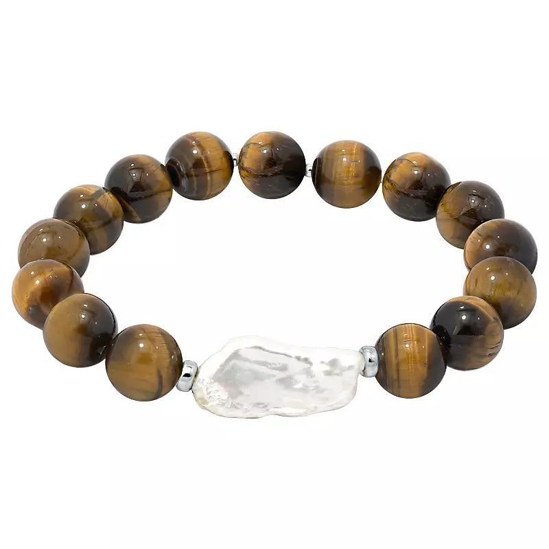Aleure Precioso Gemstone & Biwa Cultured Pearl Stretch Bracelet, Women's, Size: 7.5", Tiger Eye Product Image