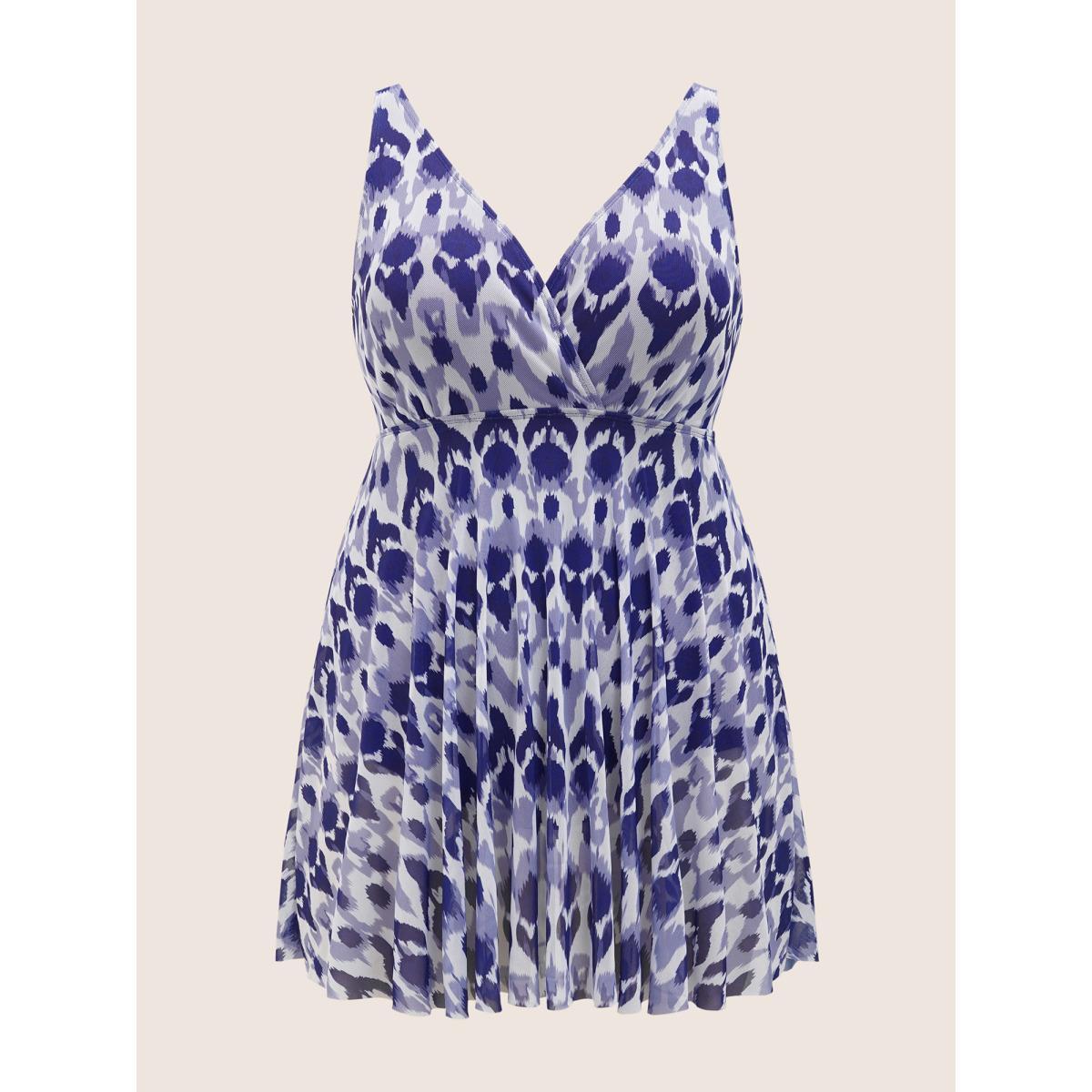 Plus Size Boho Print Overlap Collar Mesh Swim Dress Women's Swimwear Navy Beach Bodycon Overlap Collar High stretch Curve Swim Dresses BloomChic 22-24/3X Product Image