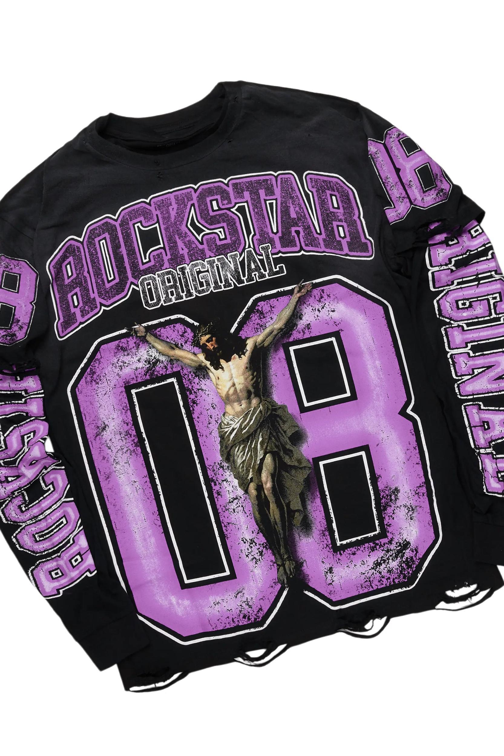 Fields Black/Purple Double Layer T-Shirt/Stacked Baggy Track Pant Set Male Product Image