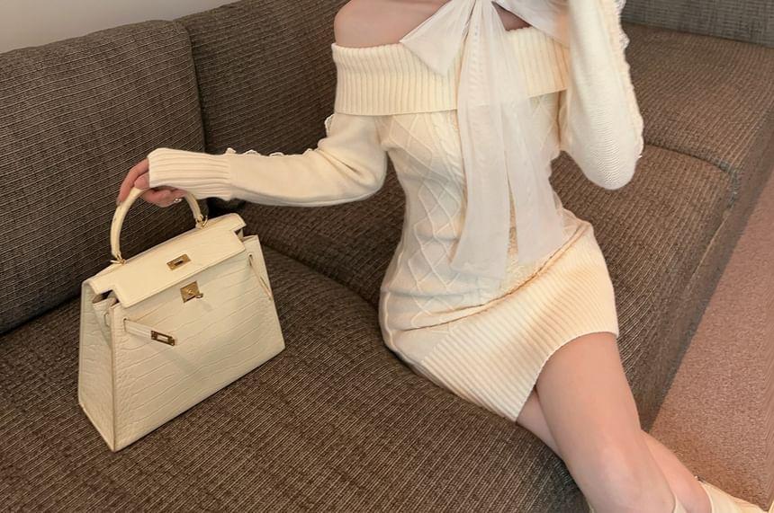 Long Sleeve Off Shoulder Plain Cable Knit Bodycon Mini Dress Product Image