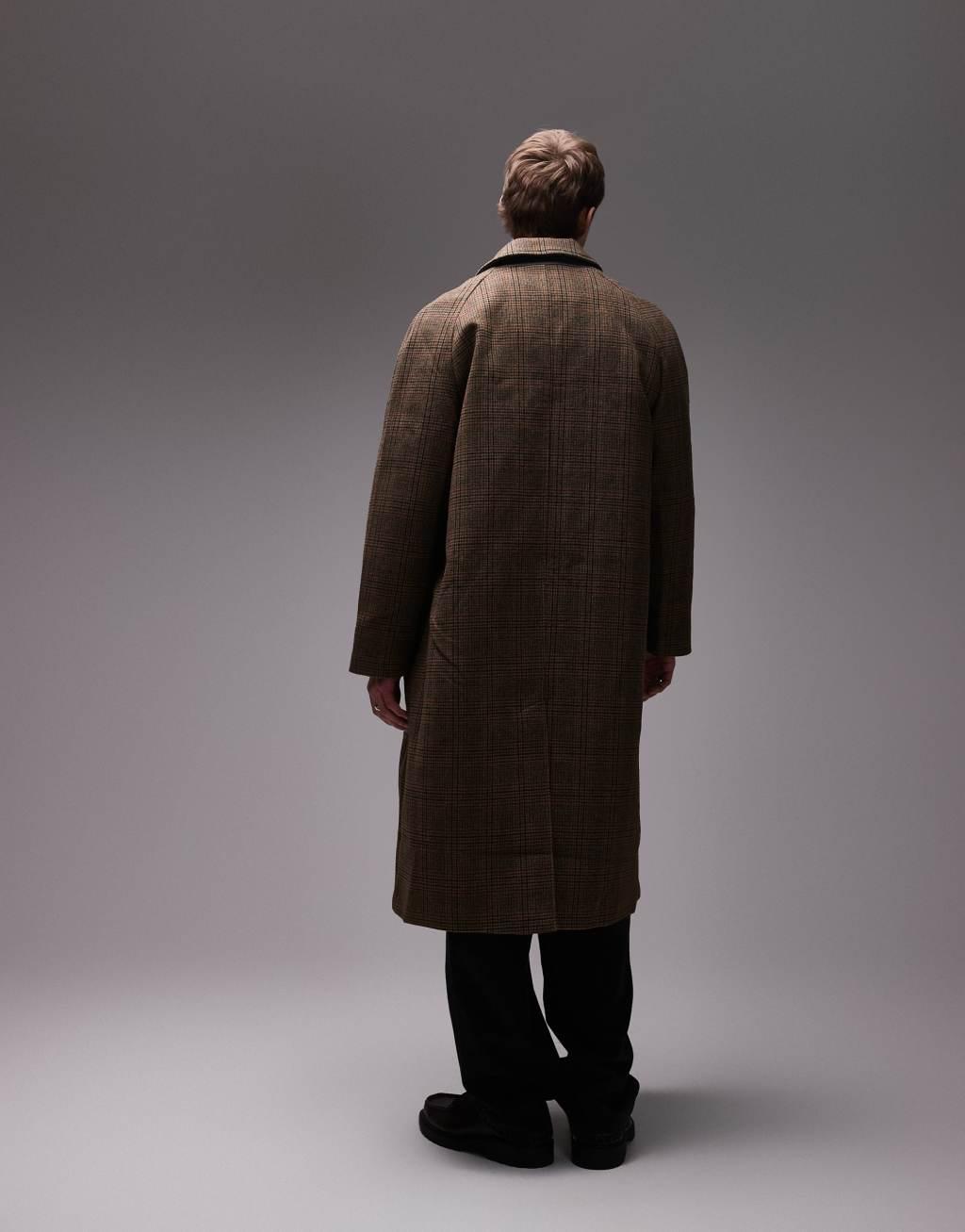Topman wool plaid car coat in brown Product Image