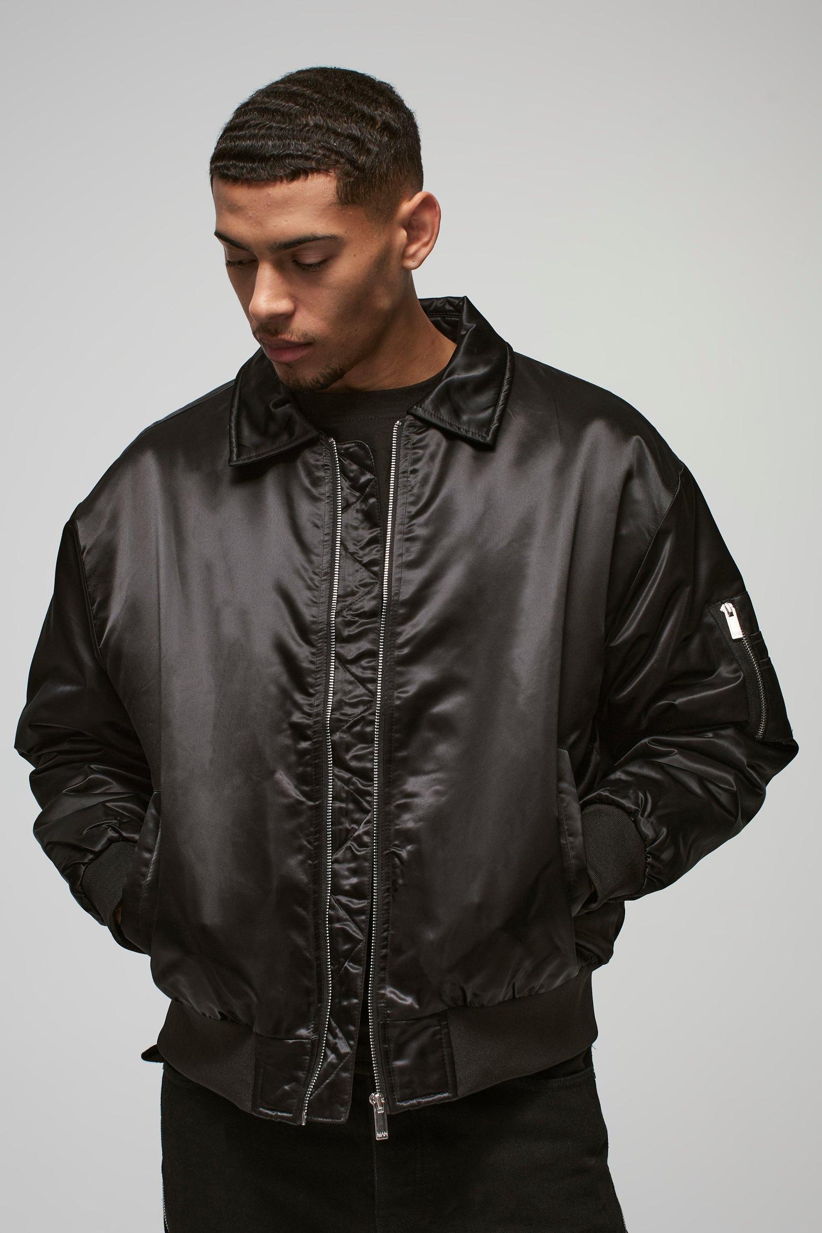 Mens Satin Collared Bomber Jacket In Black Product Image