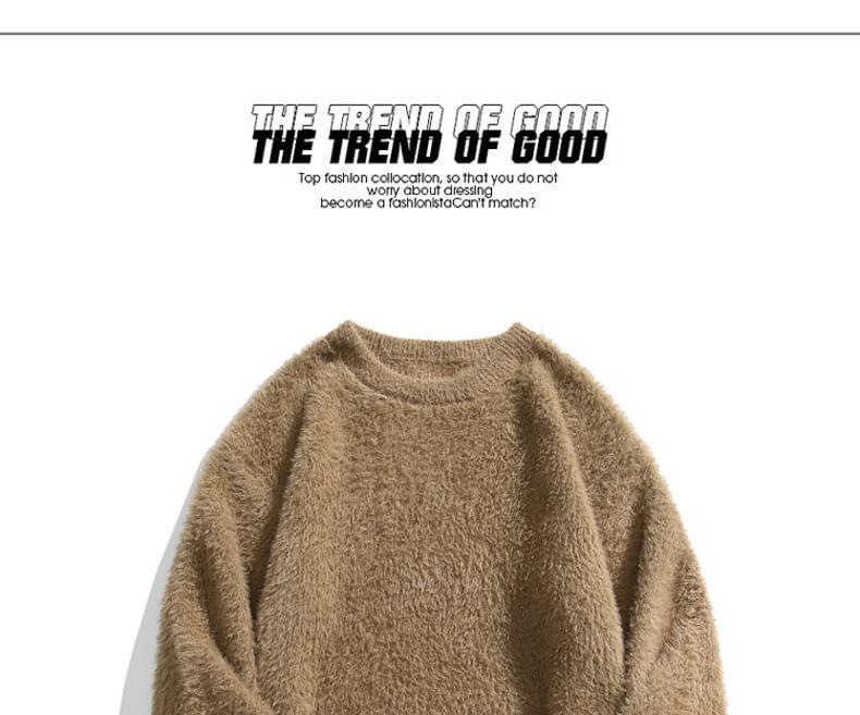 Long-Sleeve Crew Neck Letter Embroidered Fluffy Sweater Product Image