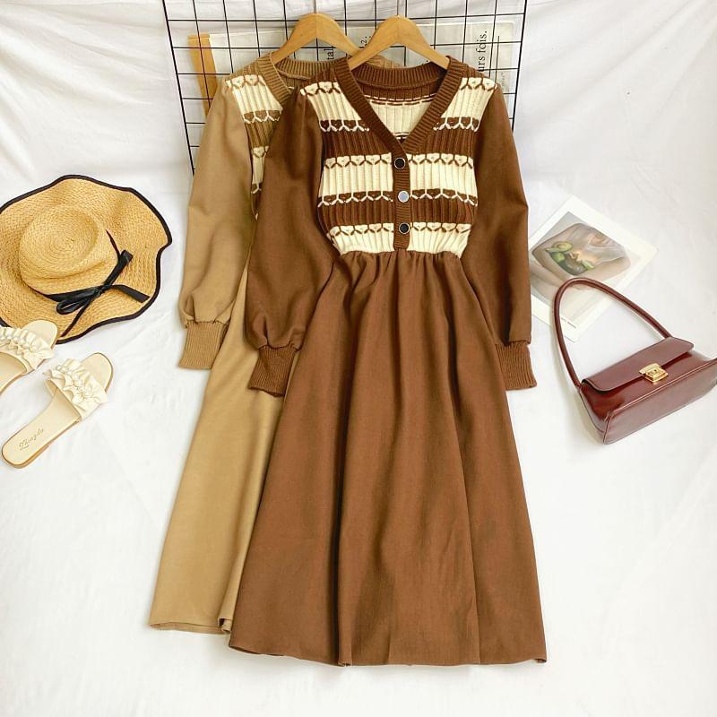 Long-Sleeve V-Neck Striped Panel Midi A-Line Dress Product Image