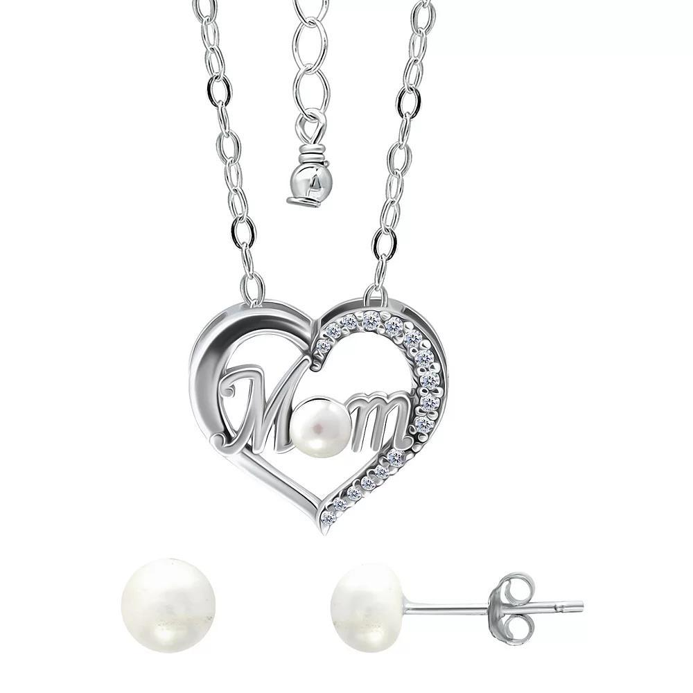 Aleure Precioso 18k Gold Over Silver Cubic Zirconia & Freshwater Cultured Pearl "Mom" Heart Pendant Necklace & Stud Earrings Set, Women's, Size: 18", Sterling Silver White Product Image