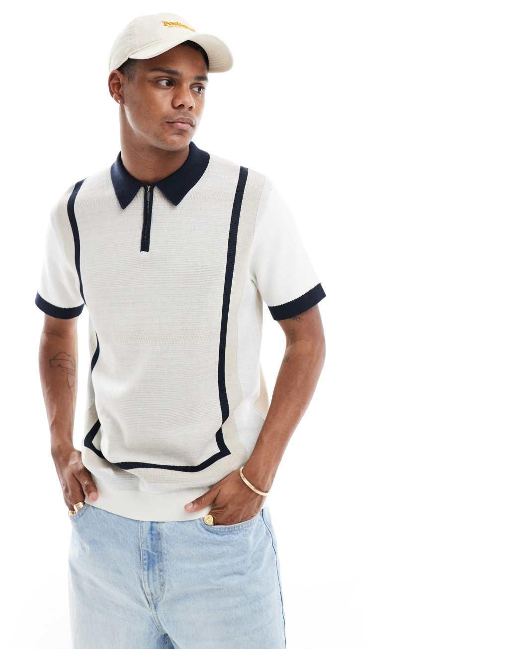 Selected Homme knit zip polo in beige color block Product Image