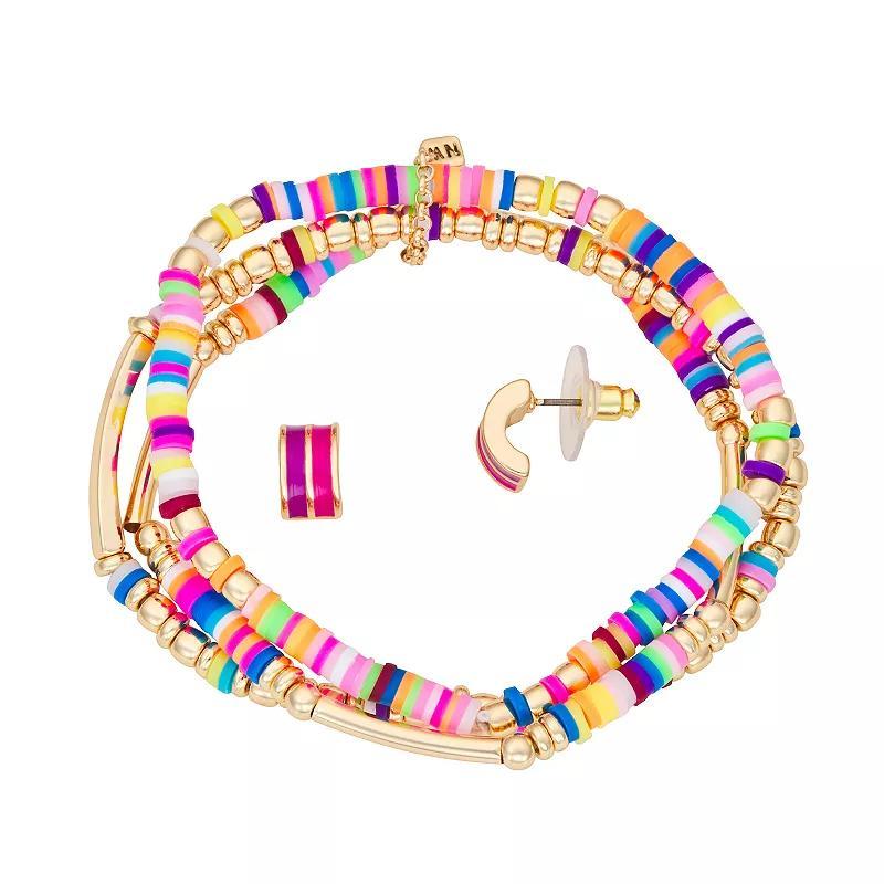 Nine West Gold Tone Colorful 3 Row Beaded Bracelet & Stud Earring Set, Women's, Multi Product Image