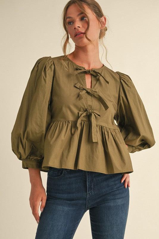 Take a Bow Olive Peplum 3/4 Sleeves Top (Small to XLarge) Product Image