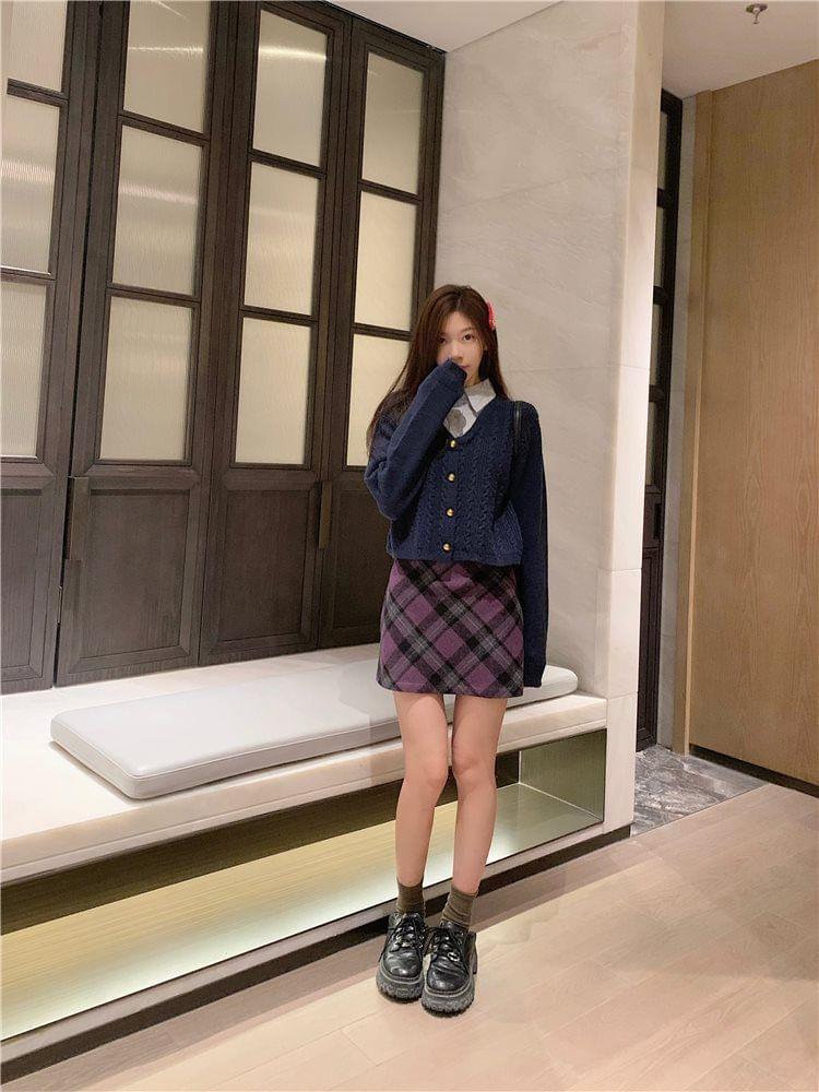 Mock Two-Piece Collar Cable Knit Cardigan / High Rise Plaid Mini Pencil Skirt Product Image