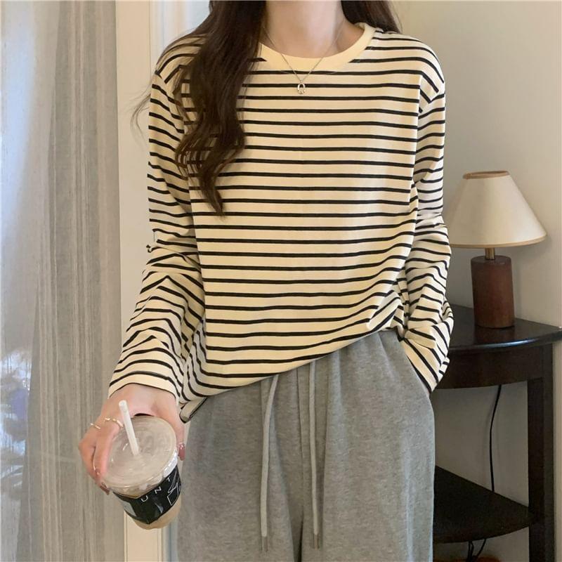 Long-Sleeve Crewneck Striped Tee Product Image