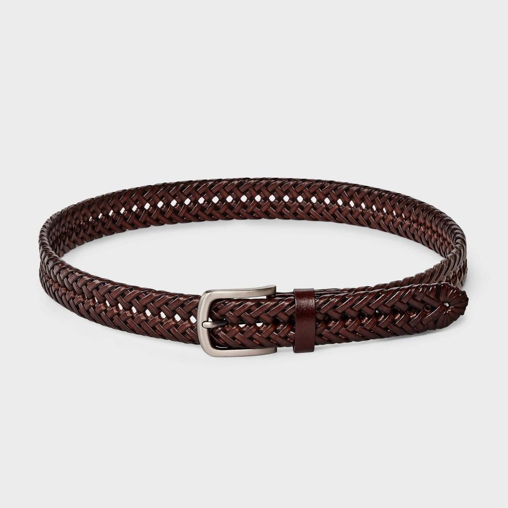 Men's Leather Braided Fully Adjustable Belt - Goodfellow & Co™ Brown L: Bonded Leather, Buckle Closure Product Image