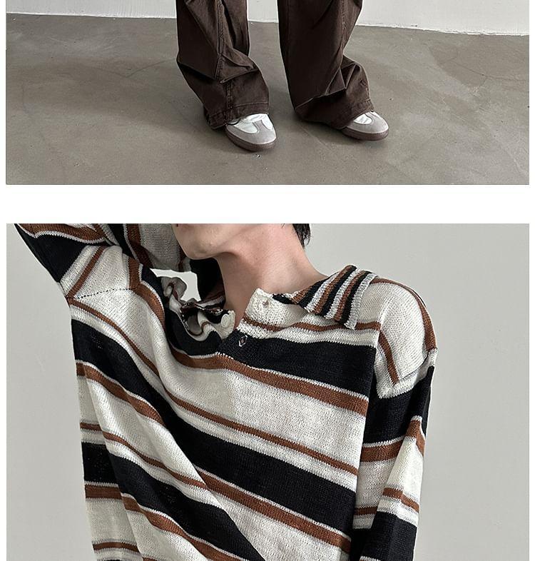 Long Sleeve Striped Knit Polo Top Product Image