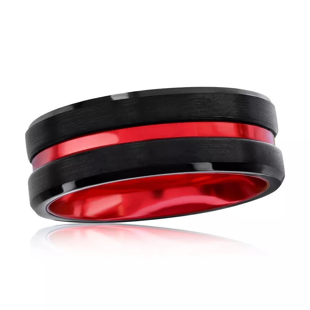 Metallo Sleek Luxe Interior Stripe Tungsten Ring, Men's, Size: 10, Black Red Product Image