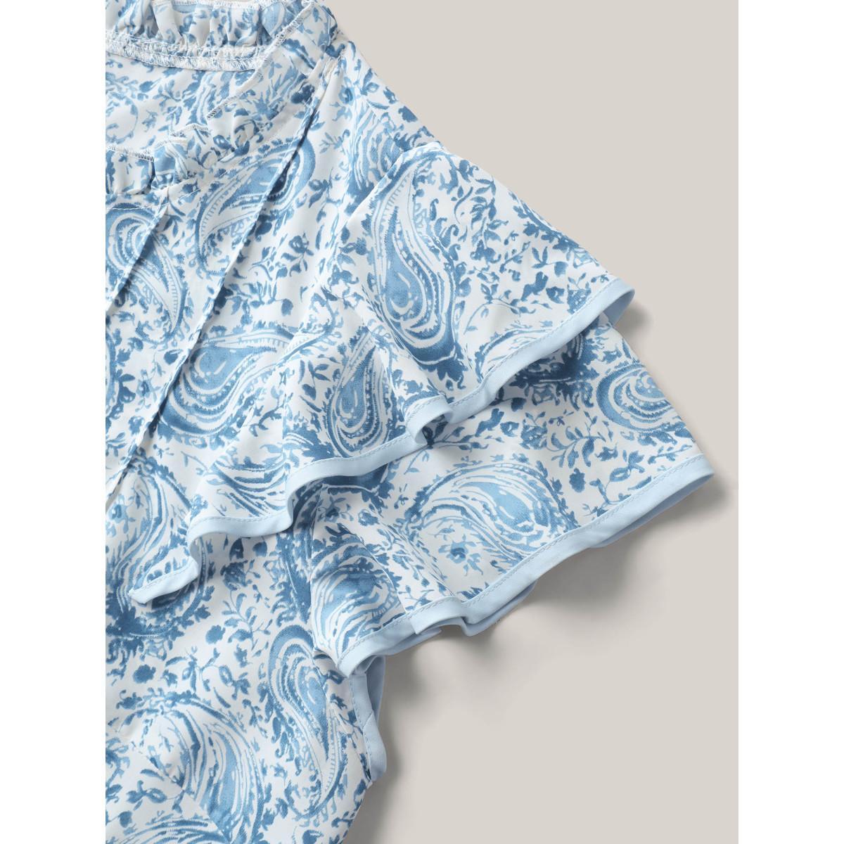 Plus Size LightBlue Paisley Print Ruffled Layered Sleeve Blouse Women Cap Sleeve Round Neck Vacation Blouses BloomChic 18-20/2X Product Image