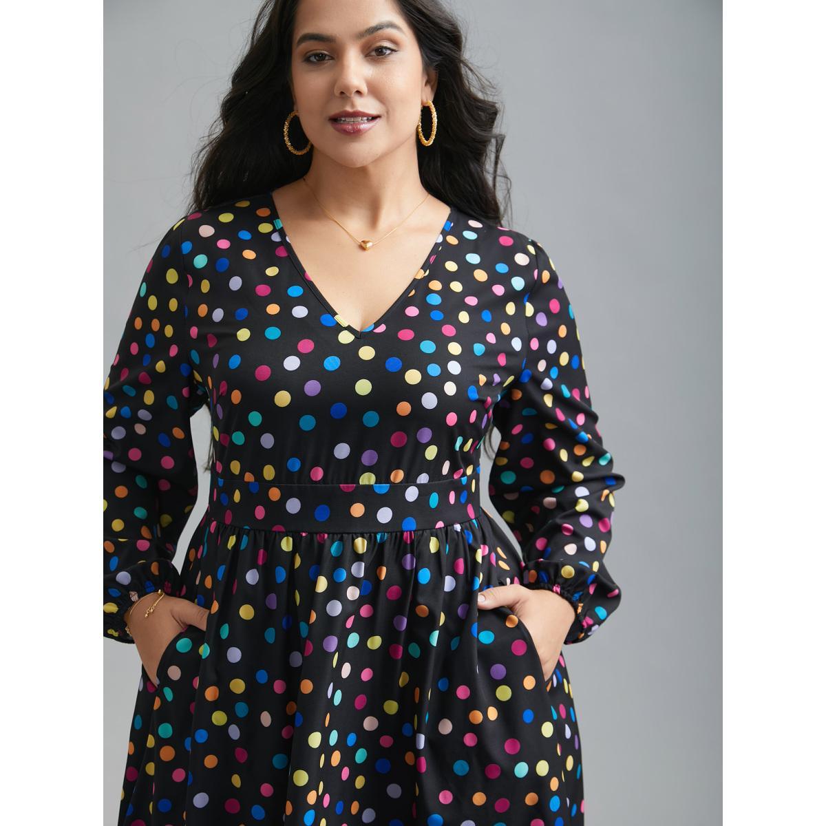 Plus Size Multi-Color Polka Dot Stretchy-Waist Dress Black Women Elegant Non V-neck Long Sleeve Curvy BloomChic 22-24/3X Product Image