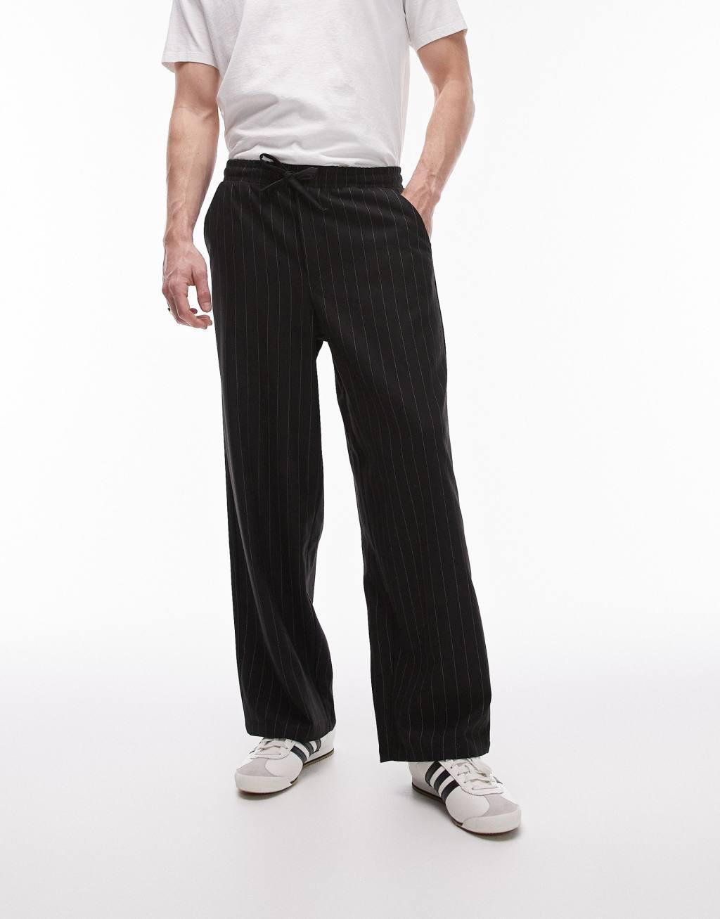 Topman wide leg pinstripe pants in black Product Image