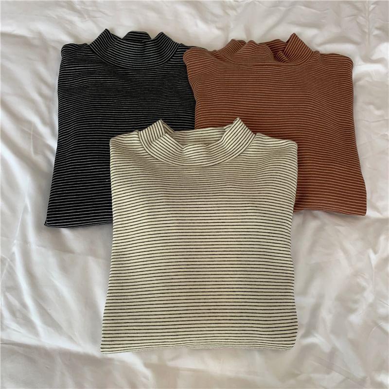 Long-Sleeve Mock Neck Striped T-Shirt Product Image