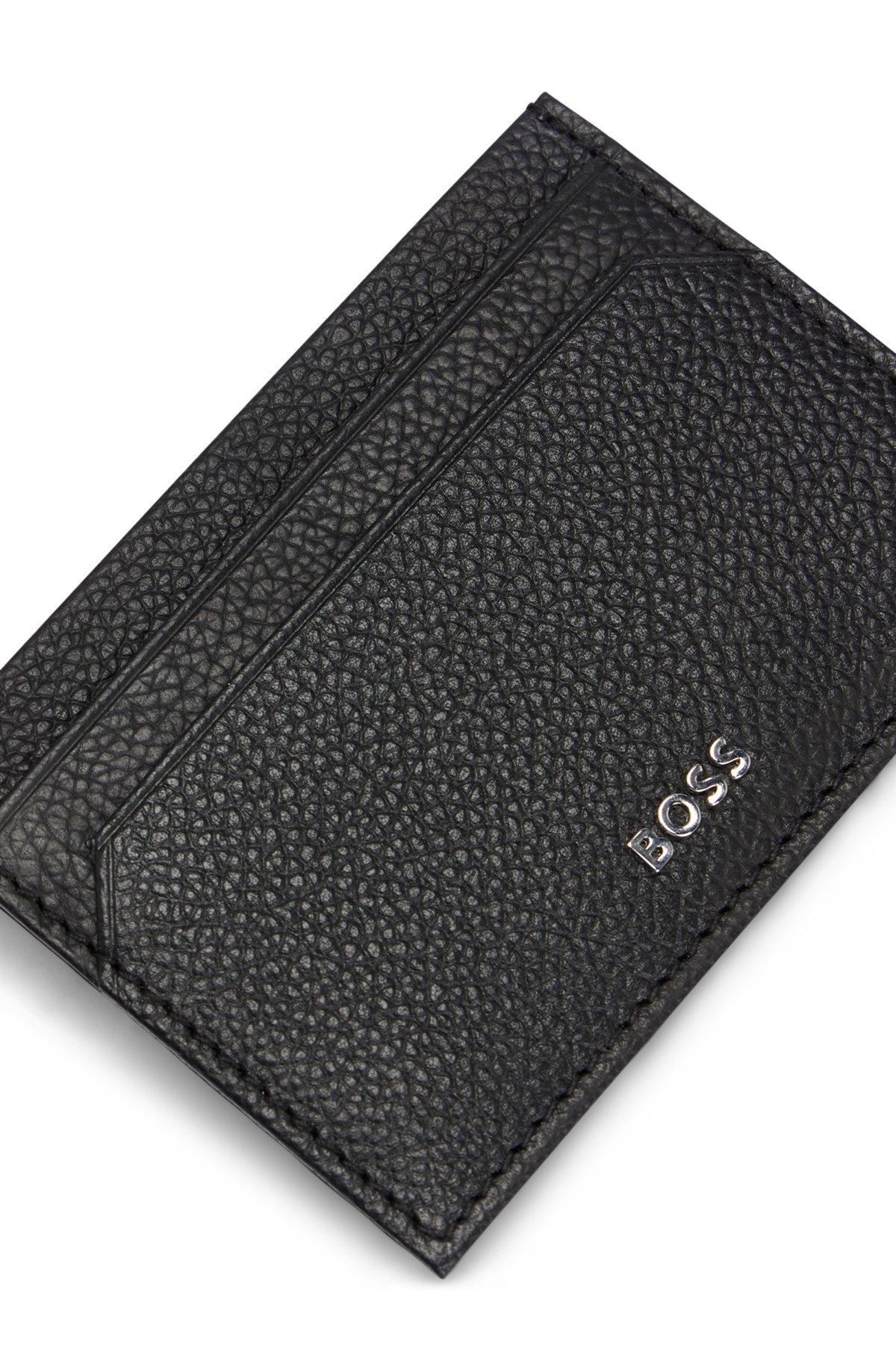 Brass money clip with card holder in grained leather Product Image