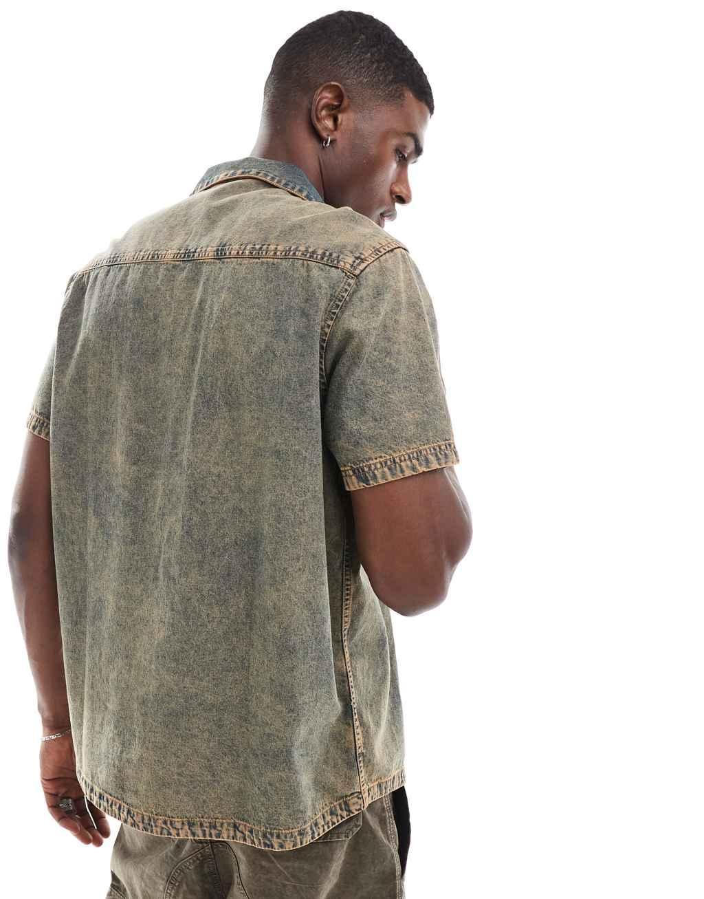 ASOS DESIGN relaxed camp collar washed denim shirt in brown Product Image