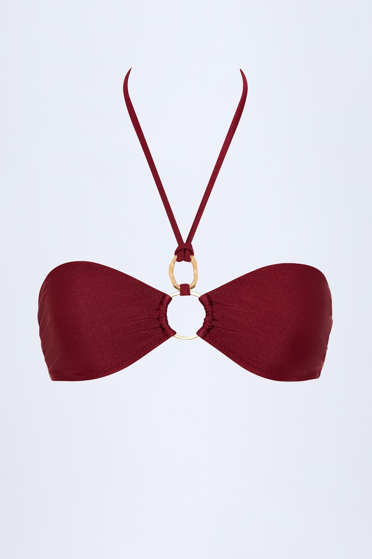 Hardware-Detail Ruched Halterneck Bikini Top in Dark Cherry Product Image