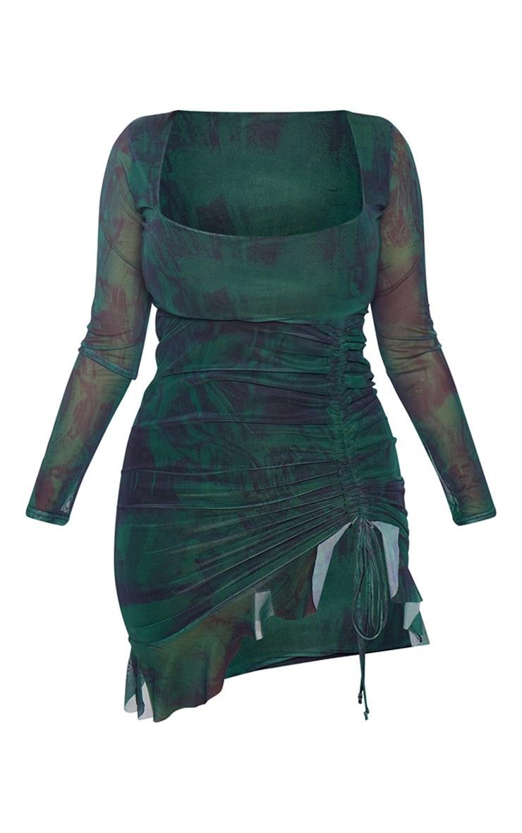 Shape Dark Green Mesh Long Sleeve Ruched Side Frill Hem Bodycon Dress Product Image