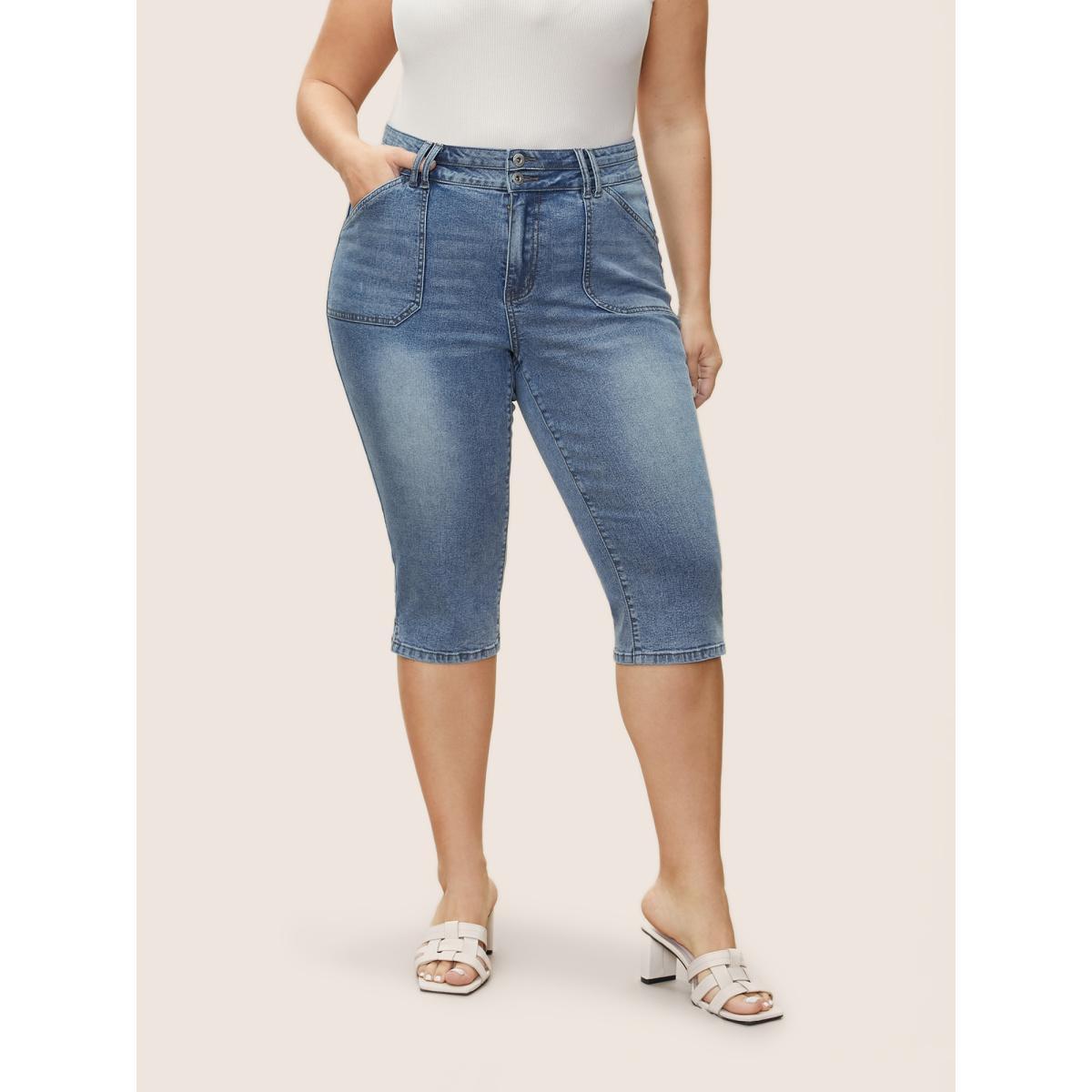 Plus Size Light Wash Slit Hem Pull On Jegging Jeans Women Blue Casual Plain Button High stretch Slanted pocket Jeans BloomChic 16/1X Product Image