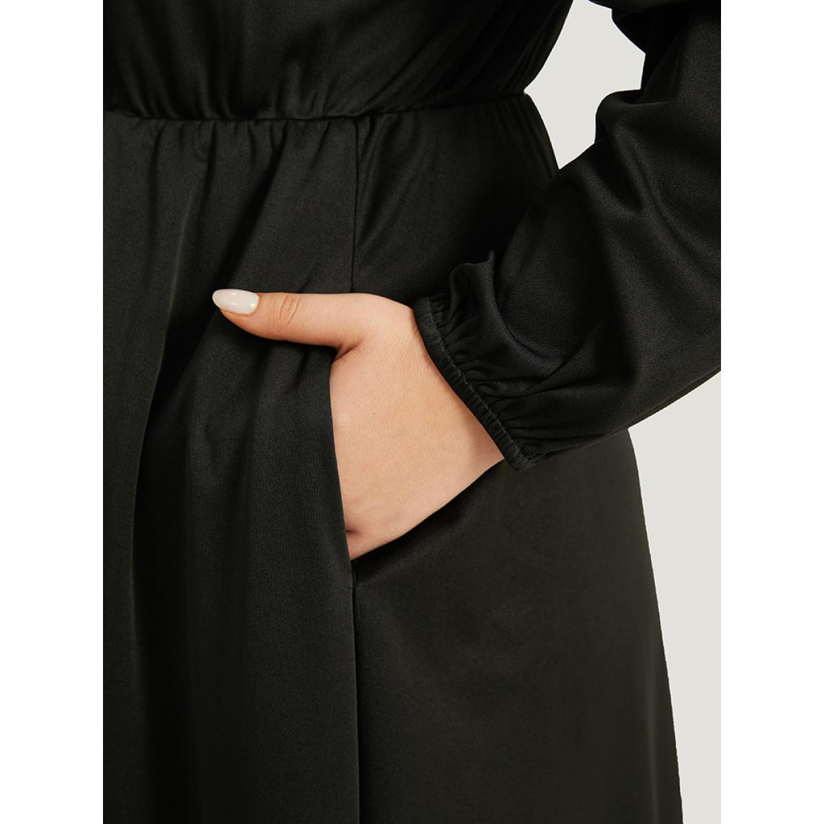 Plus Size Halloween Plain PU Crisscross Patchwork Pocket Dress Black Women Elegant Elastic cuffs V-neck Long Sleeve Curvy Knee Dress BloomChic 18-20/2X Product Image
