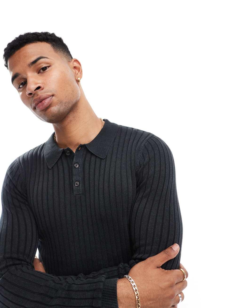 ASOS DESIGN muscle fit washed knitted polo in black rib Product Image