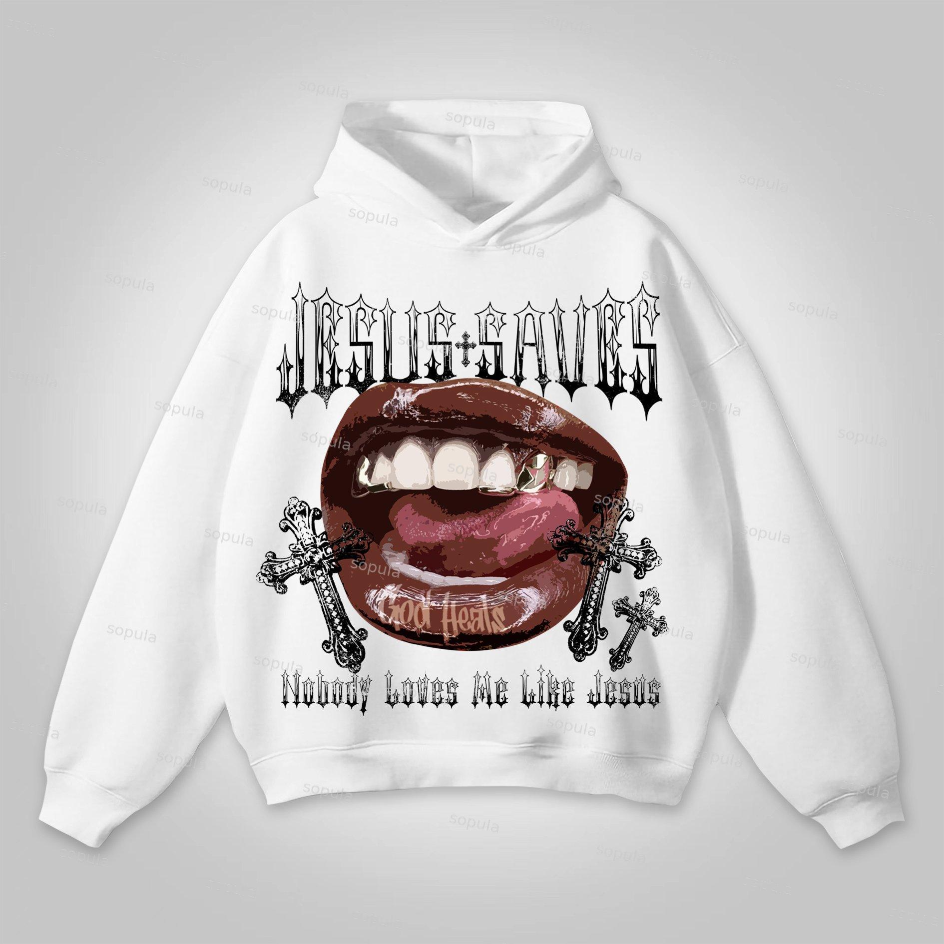 Sopula Jesus Saves Lips Cross Graphic Cotton Hoodie Product Image