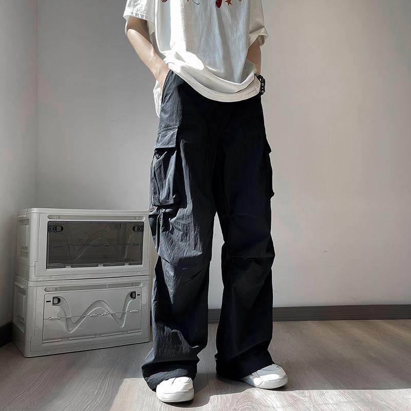 Mid Rise Plain Wide Leg Cargo Parachute Pants Product Image