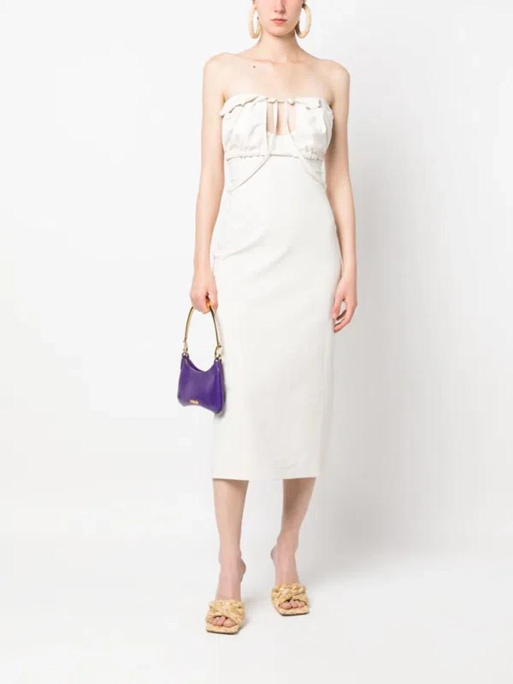 JACQUEMUS Strapless Ruffled Cutout Twill Midi Dress In White Product Image