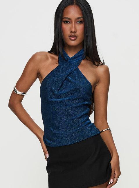 Treat Me Nice Cross Neck Top Blue Glitter Product Image