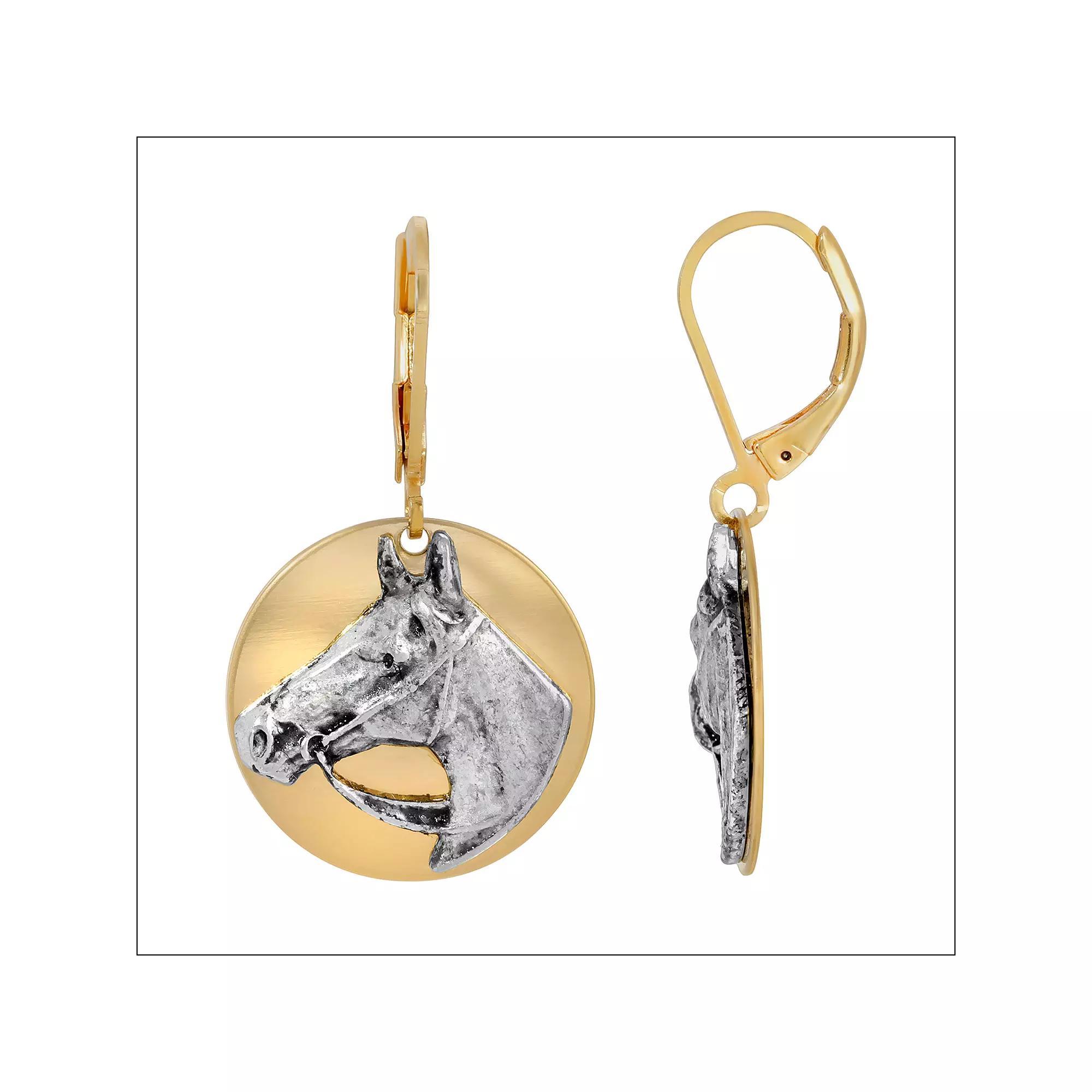 1928 Two Tone Horse Medallion Drop Earrings, Womens, Gold Product Image