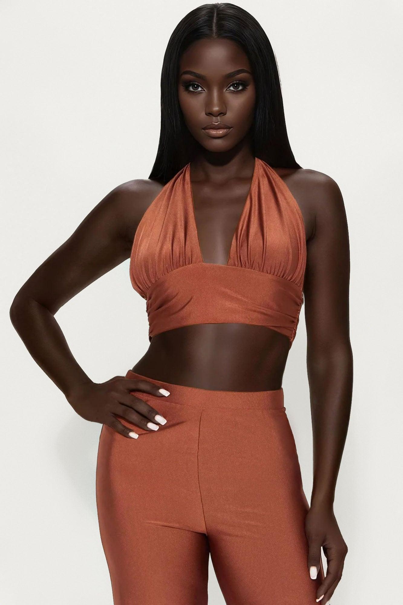 Sasha One Shoulder Wide Leg Pant Set - Brown Product Image