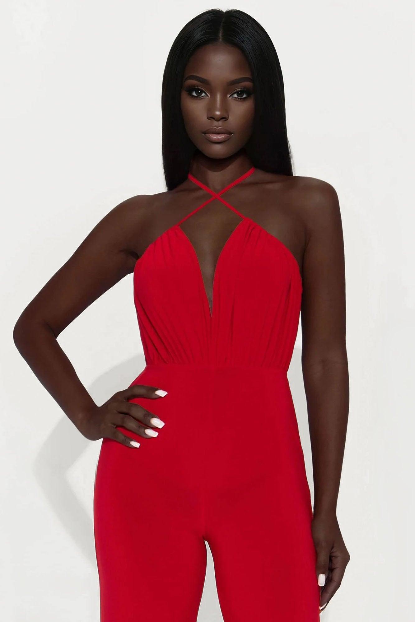 Bevia Criss Cross Halter Jumpsuit - Red Product Image