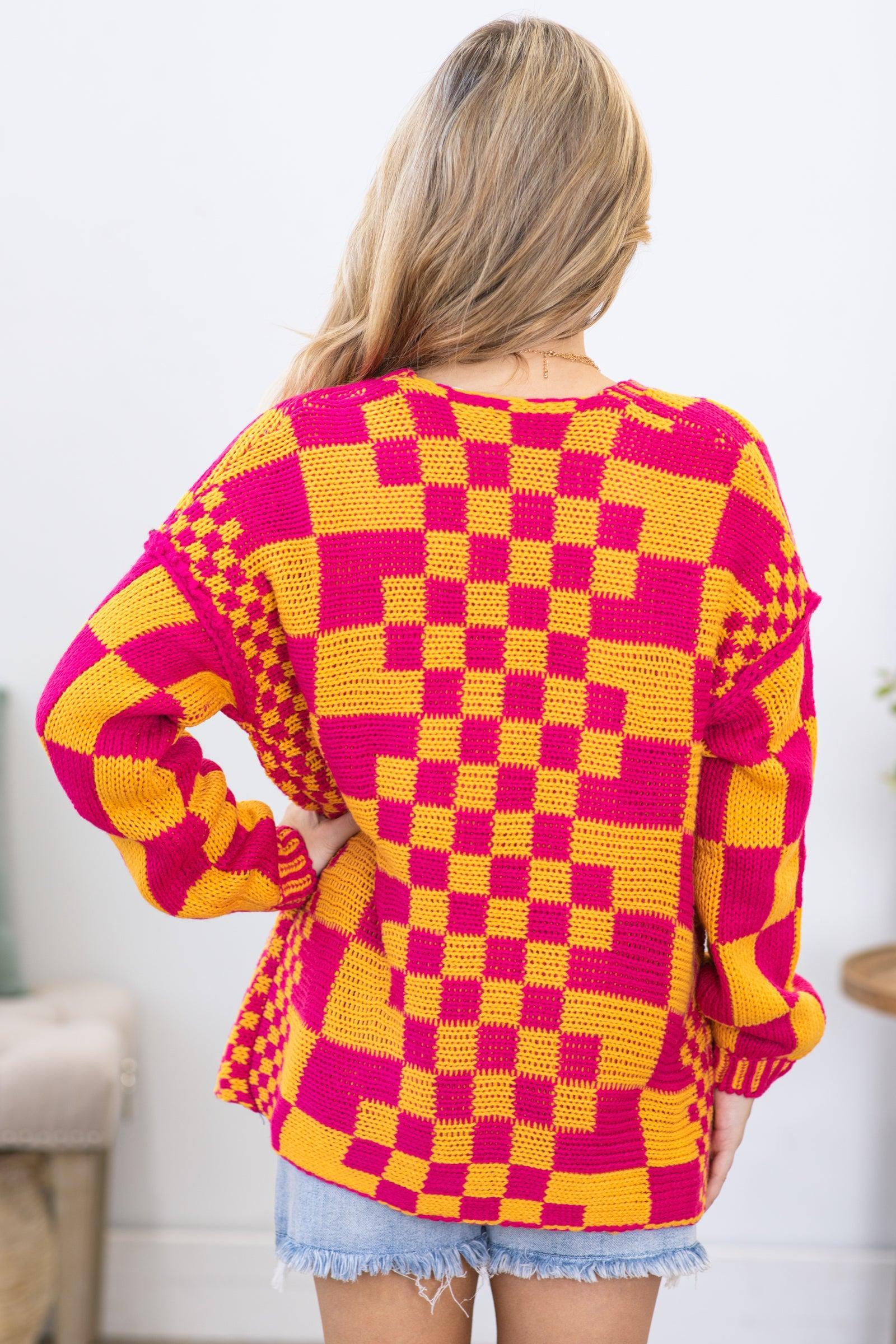Pink and Orange Checkerboard Knitted Cardigan Product Image