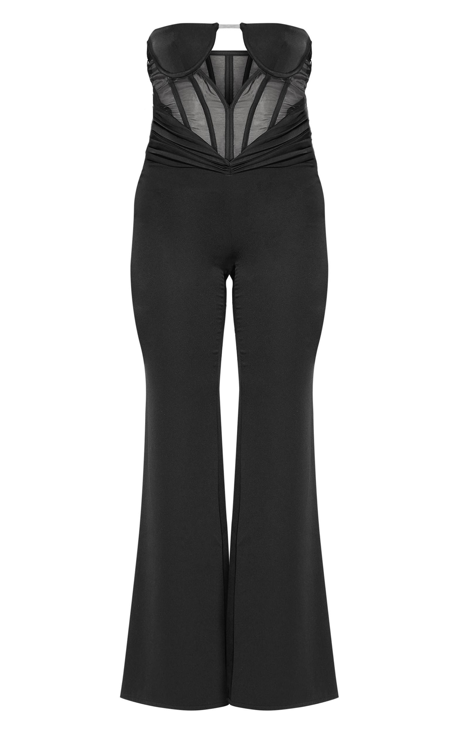 Black Satin Mesh Corset Panel Strapless Jumpsuit Product Image