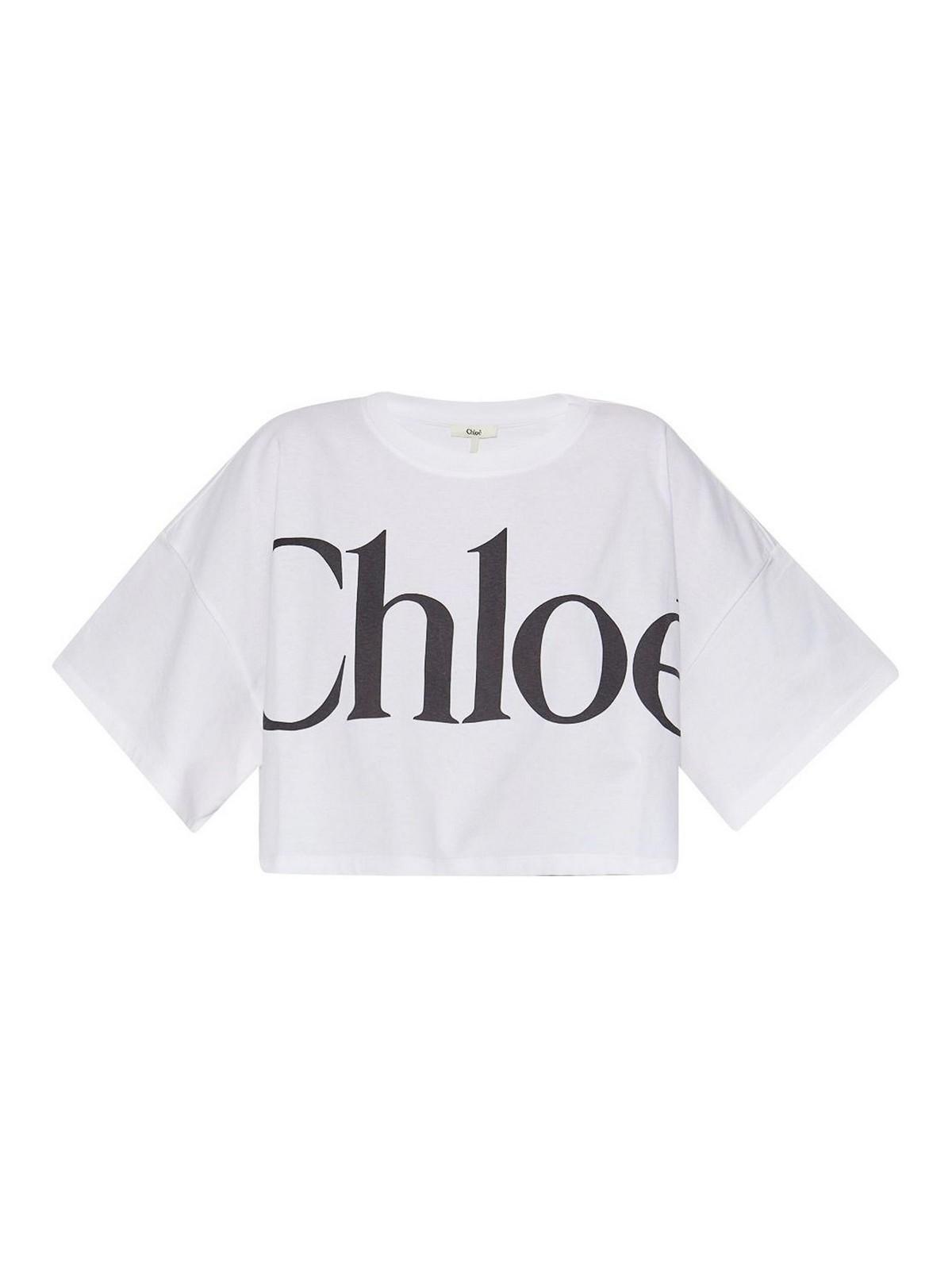 CHLOÉ White Cropped Crewneck T-shirt With Maxi Logo Print On The Front In Cotton Woman In Multicolor Product Image