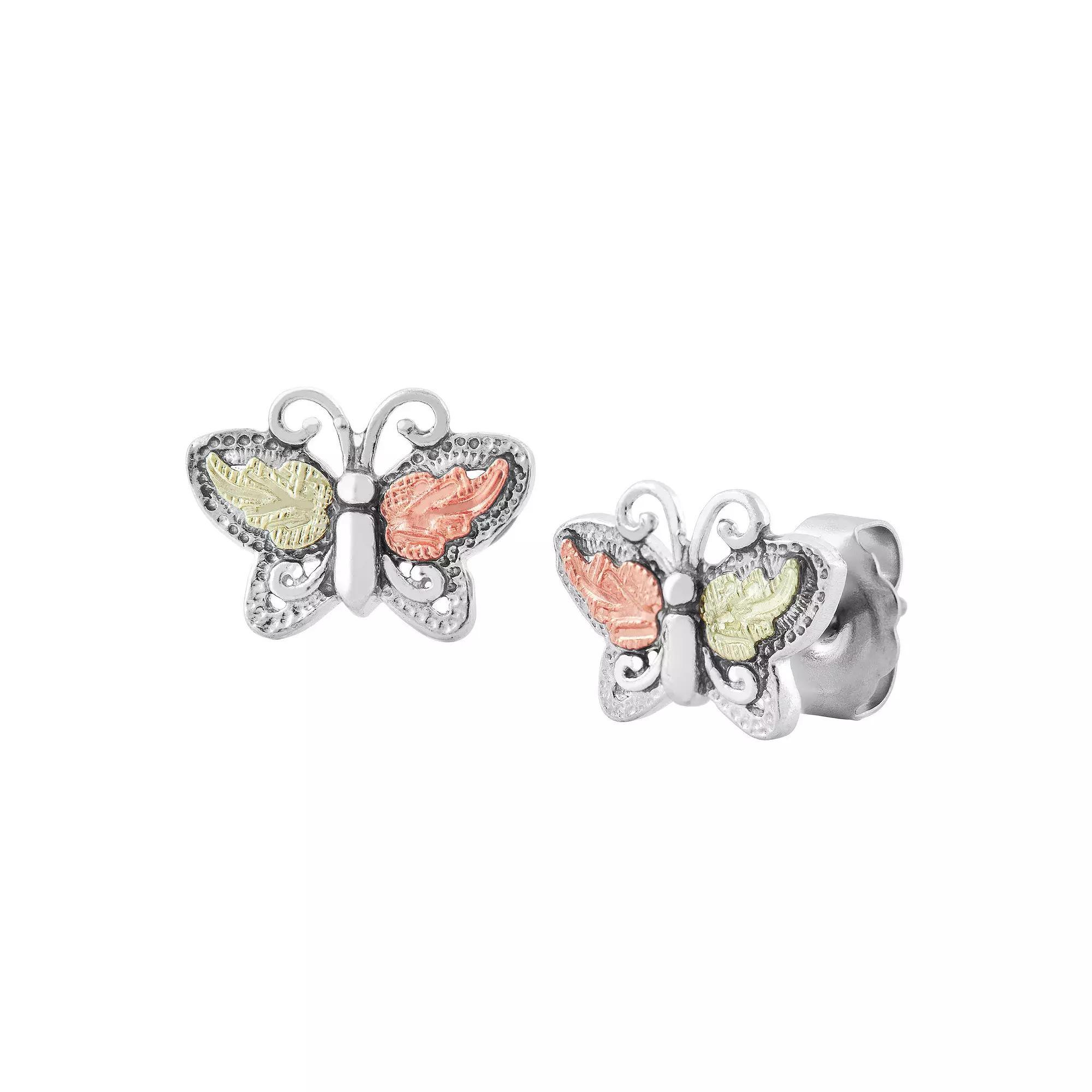 Black Hills Gold Tri-Tone Butterfly Post Earrings in Sterling Silver, Women's Product Image