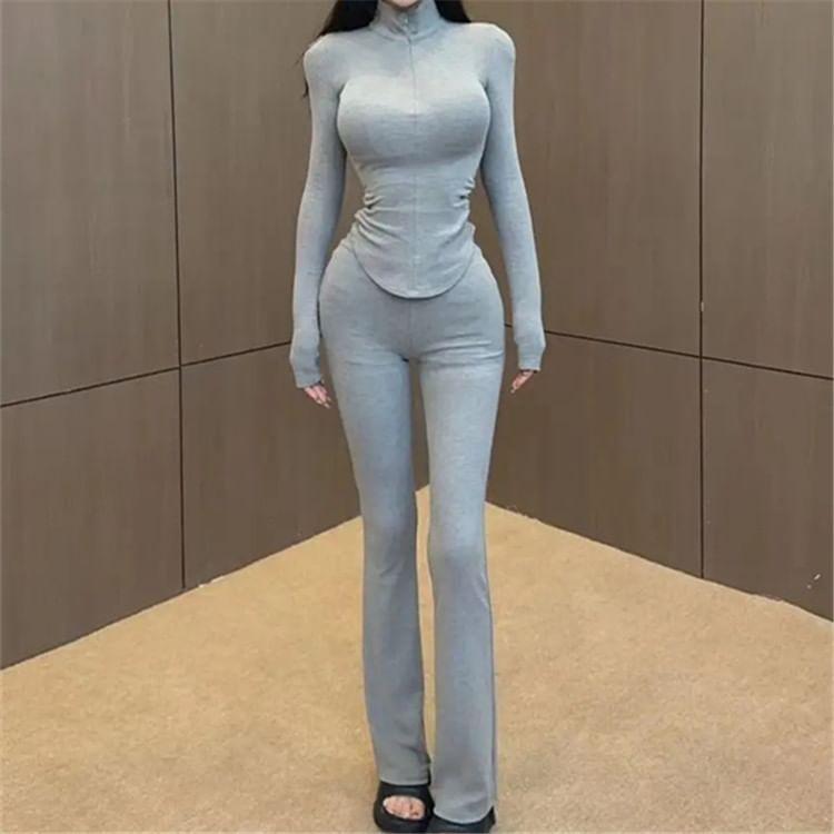 Long-Sleeve Stand Collar Plain Ruched T-Shirt / High Waist Plain Flared Pants Product Image