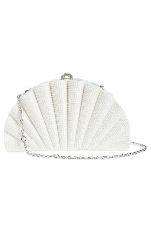 JUDITH LEIBER Couture Origami Fan Faux Pearl Embellished Satin Clutch In Silver Pearls Product Image
