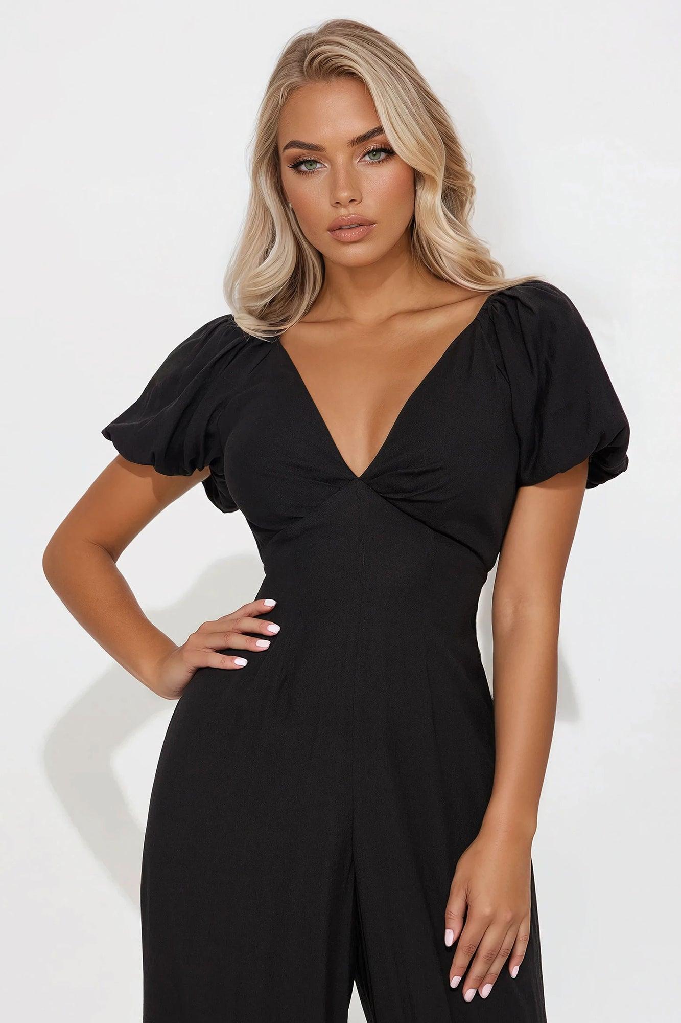 Prim Puff Sleeve Jumpsuit - Black Product Image