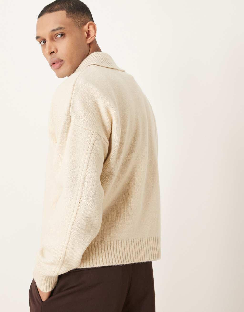 ASOS DESIGN oversized boxy fit knitted notch neck sweater in stone Product Image