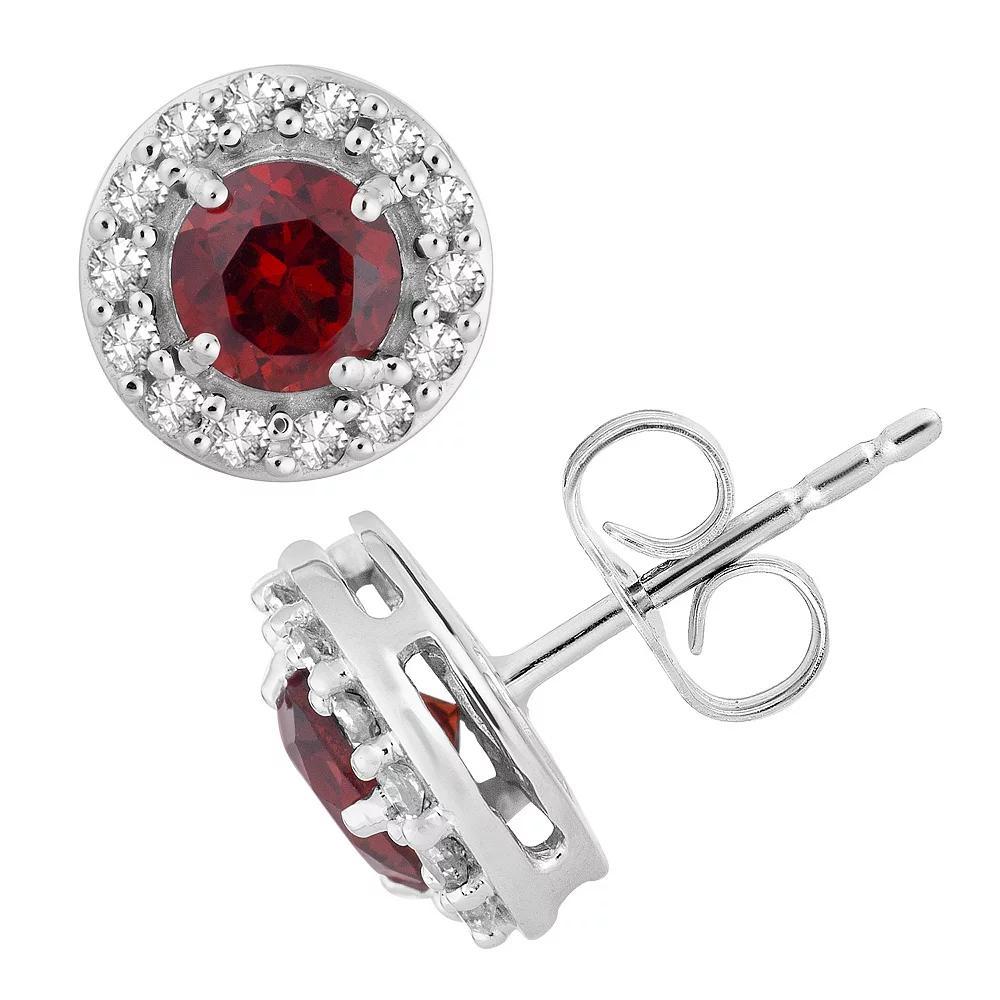 10k White Gold Garnet & 1/6 Carat T.W. Diamond Halo Stud Earrings, Women's, Size: 18", 10k Whgold Product Image