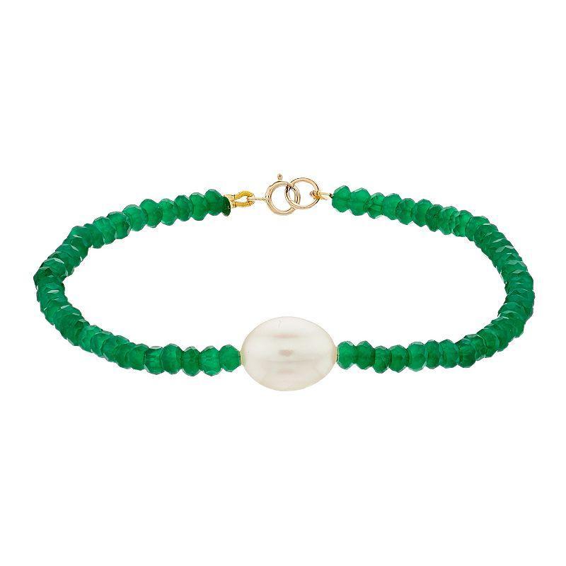 Jewelmak 14k Gold Green Onyx Rondelle Freshwater Cultured Pearl Bracelet, Womens Product Image