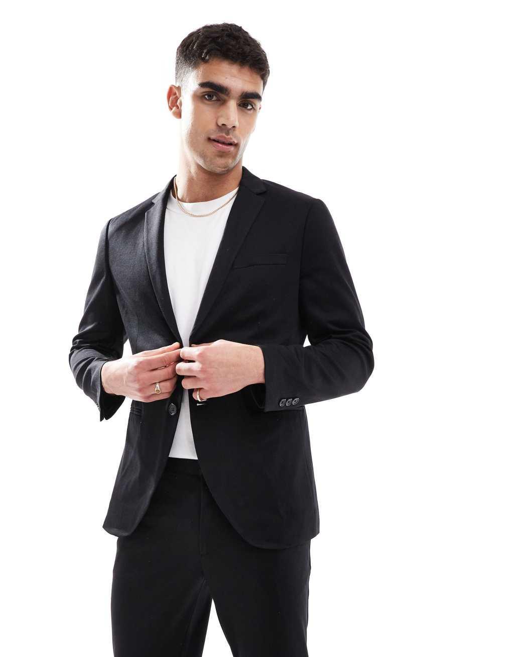 Jack & Jones slim fit jersey suit jacket in black Product Image