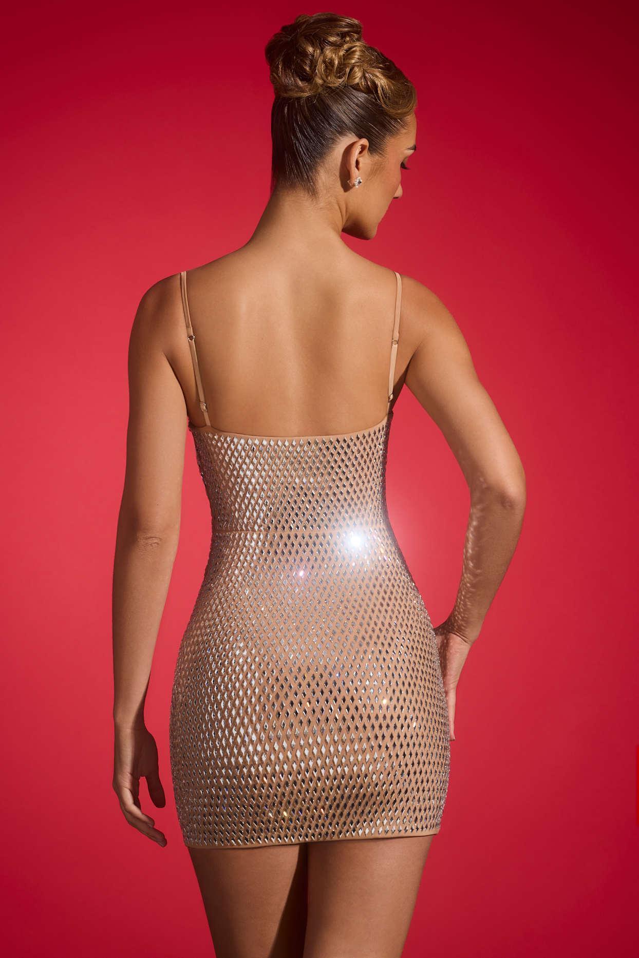Embellished Cut-Out Mini Dress in Almond Product Image