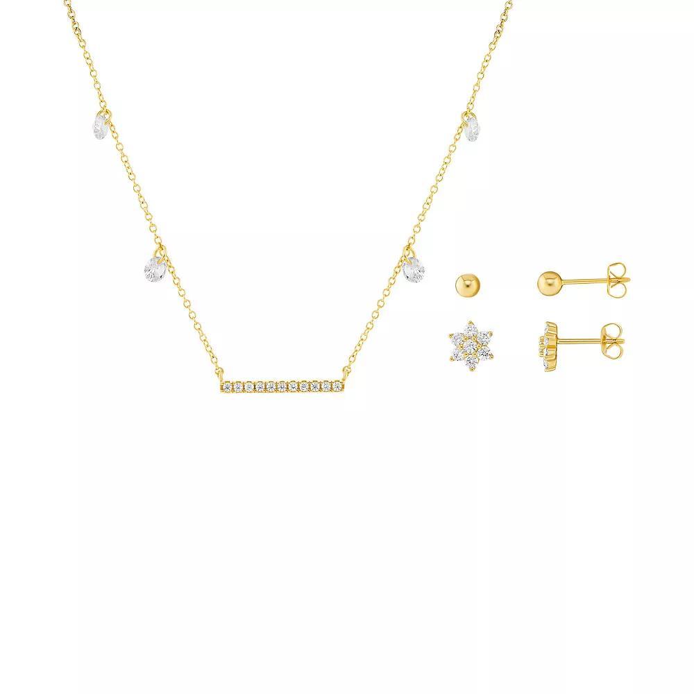 Brilliance 18k Gold Flash Plated Cubic Zirconia Stud Earrings and Bar Necklace 3-Piece Set, Women's, Size: 18", Yellow Gold Tone Clear Product Image