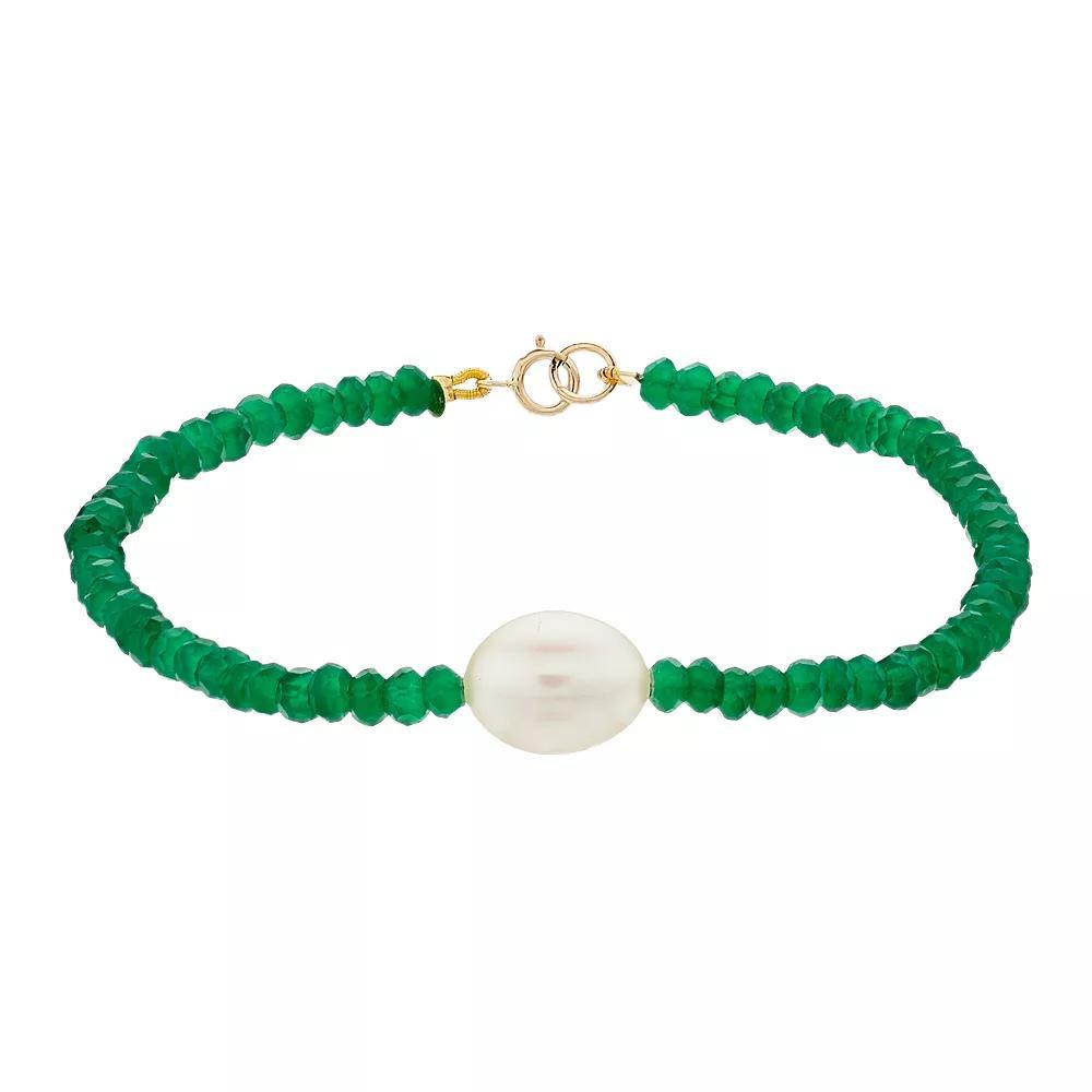 Jewelmak 14k Gold Green Onyx Rondelle Freshwater Cultured Pearl Bracelet, Womens Product Image